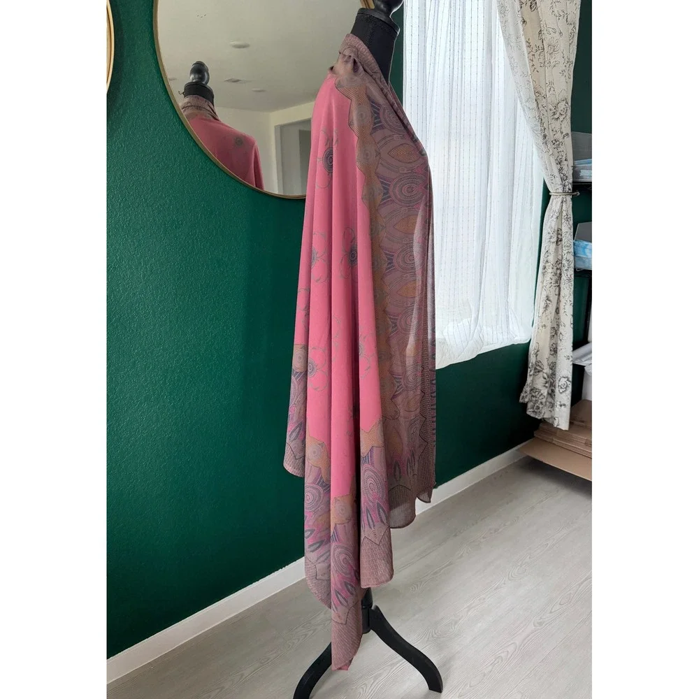 Pink Chiffon Paisley Floral Border Print Sheer Lightweight Wrap Scarf Shawl